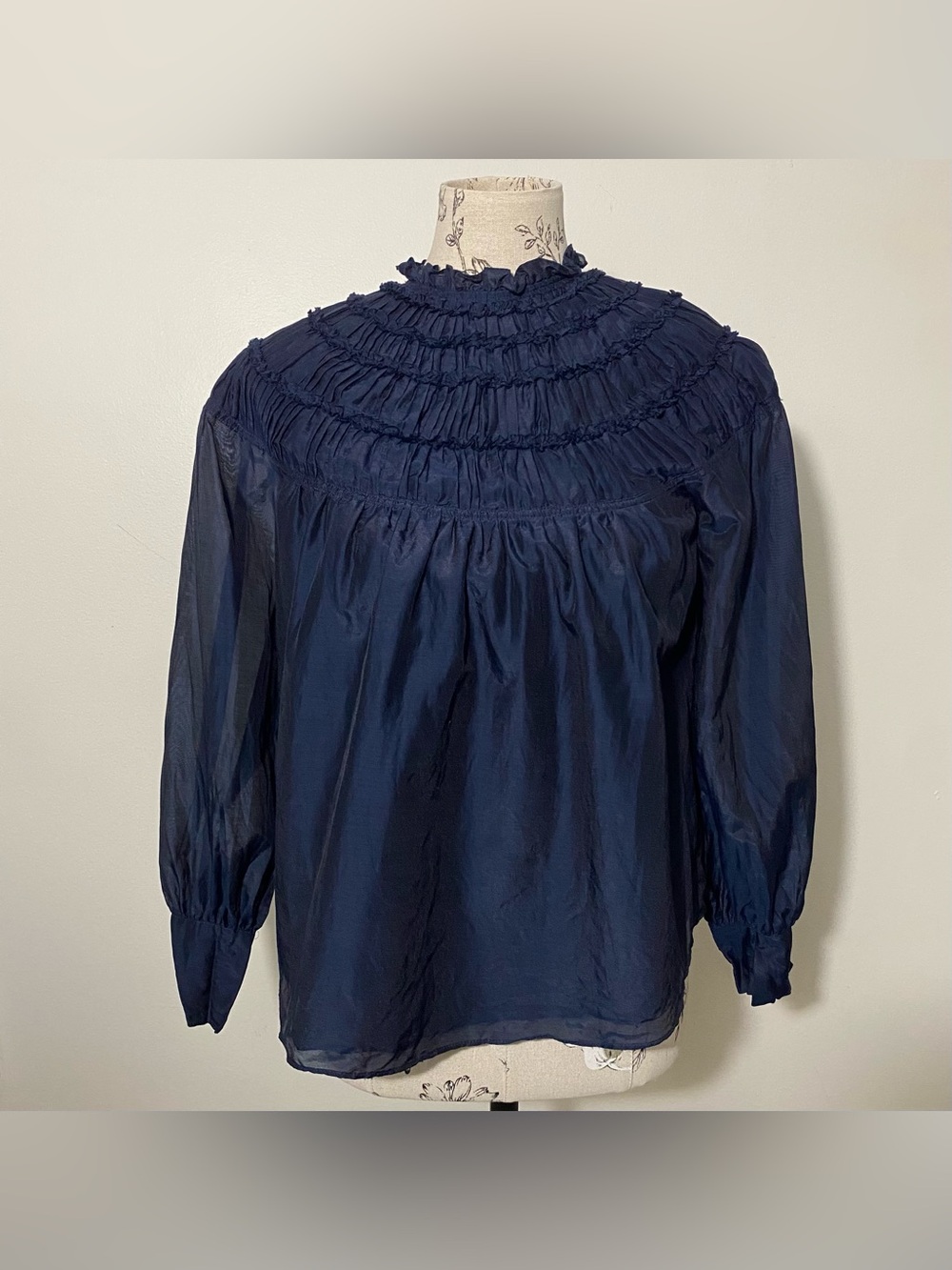 Rebecca Taylor Smocked Silk Cotton Blend Blouse Navy Ruffled Mock Neck Size 2